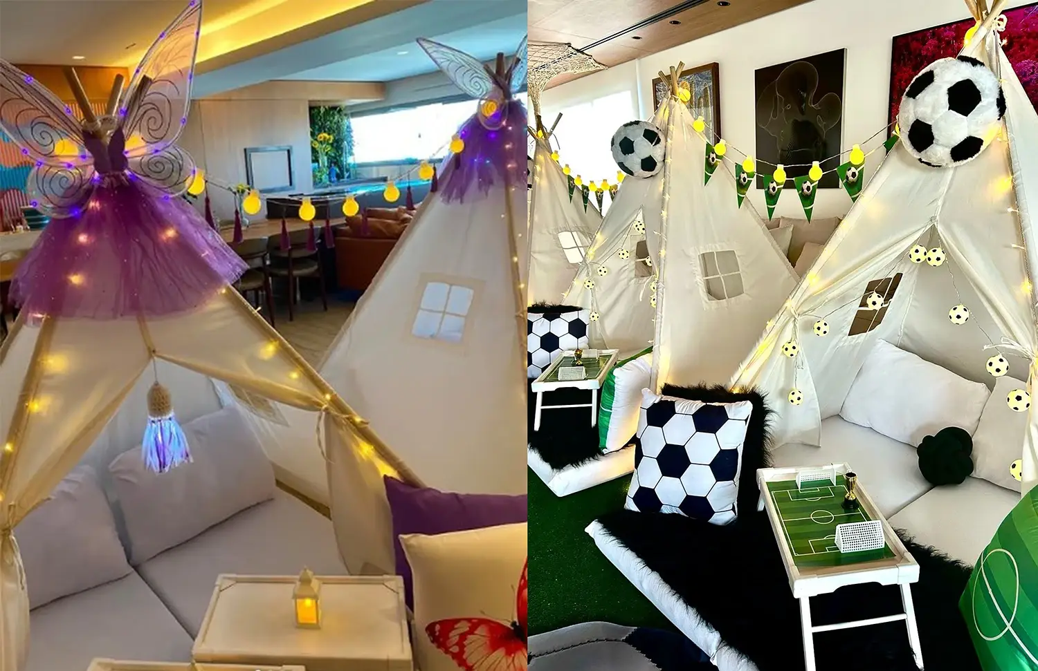 Tema Borboleta e Futebol na festa do pijama da Mãe Me Quer