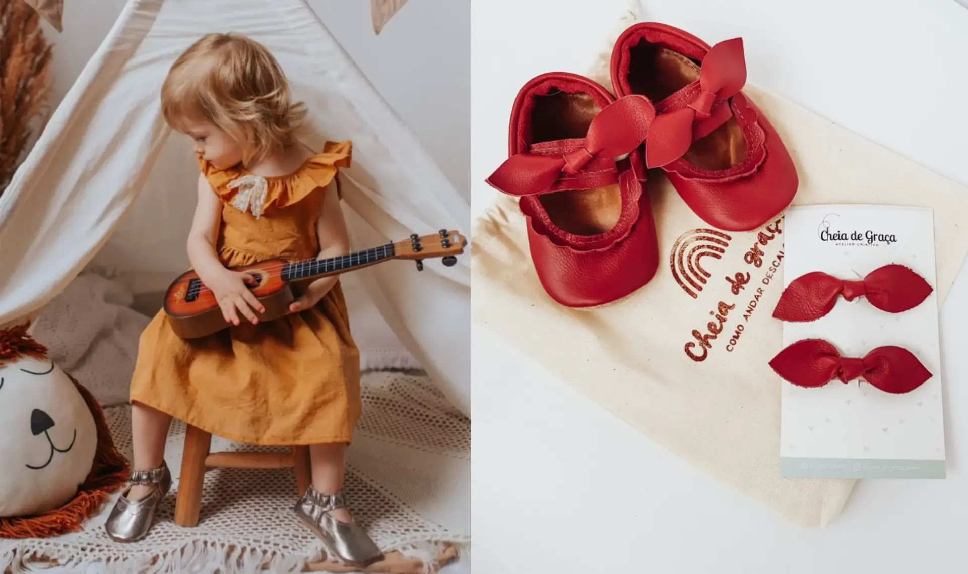 Uma menina sentada em um banquinho segurando um violão e com sapato dourado, e um sapato vermelho ao lado com laço de cabelo vermelho - Just Real Moms