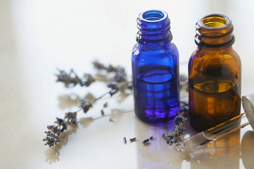 Essential oils and lavender flowers