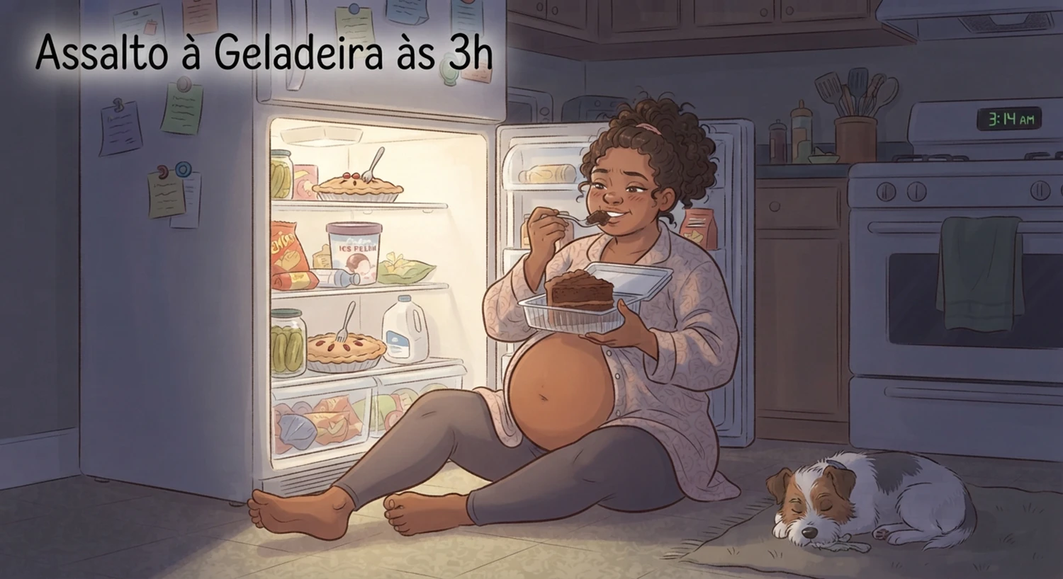 Assalto a Geladeira em ilustrações divertidas durante os momentos da gravidez