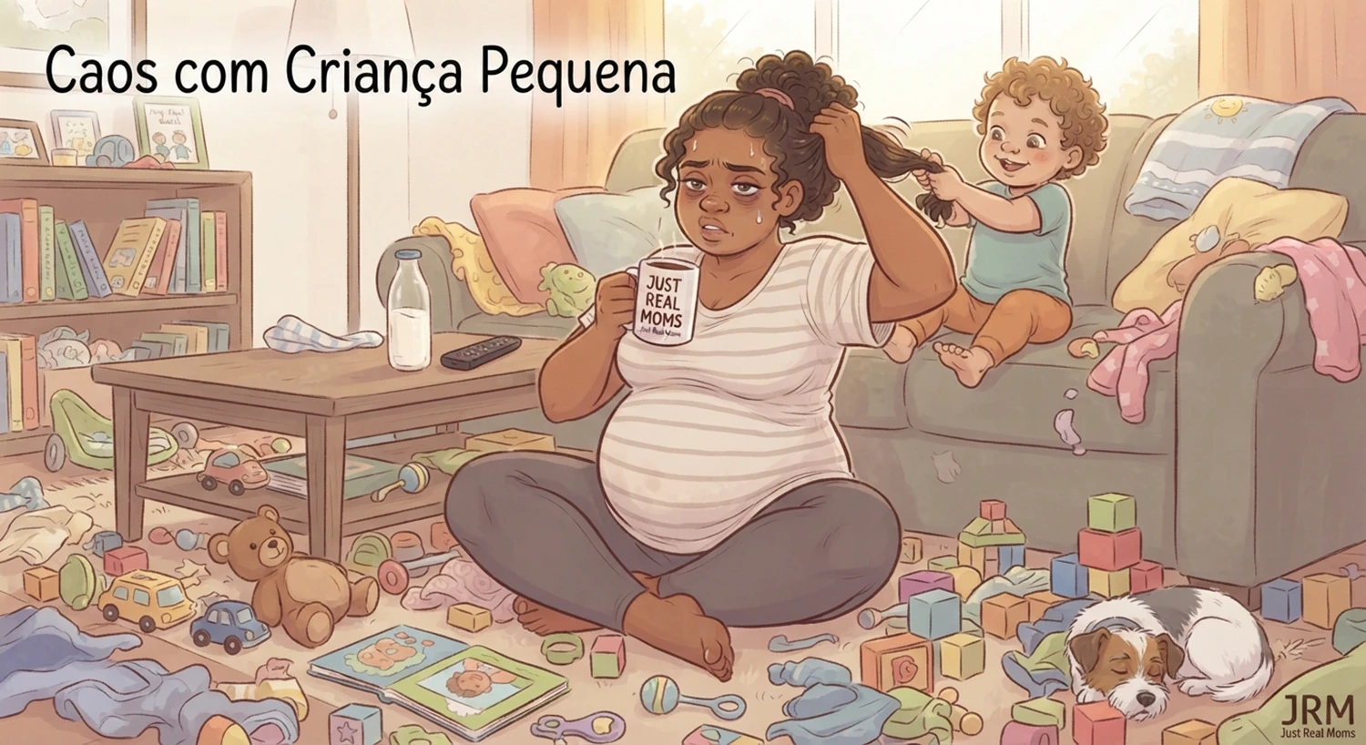 Caos com criança pequena em ilustrações divertidas durante os momentos da gravidez