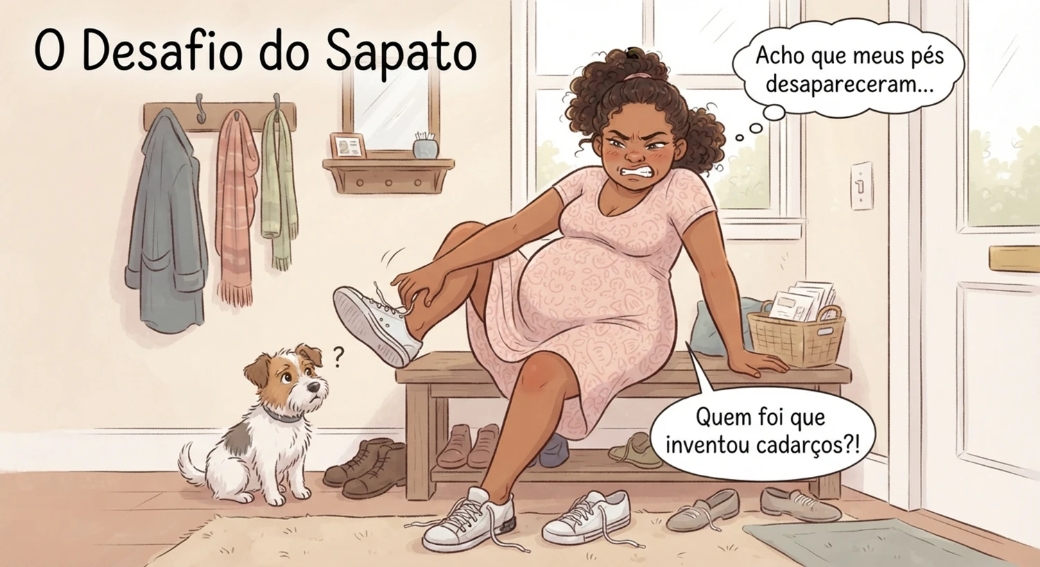desafio de colocar o sapato em ilustrações divertidas durante os momentos da gravidez