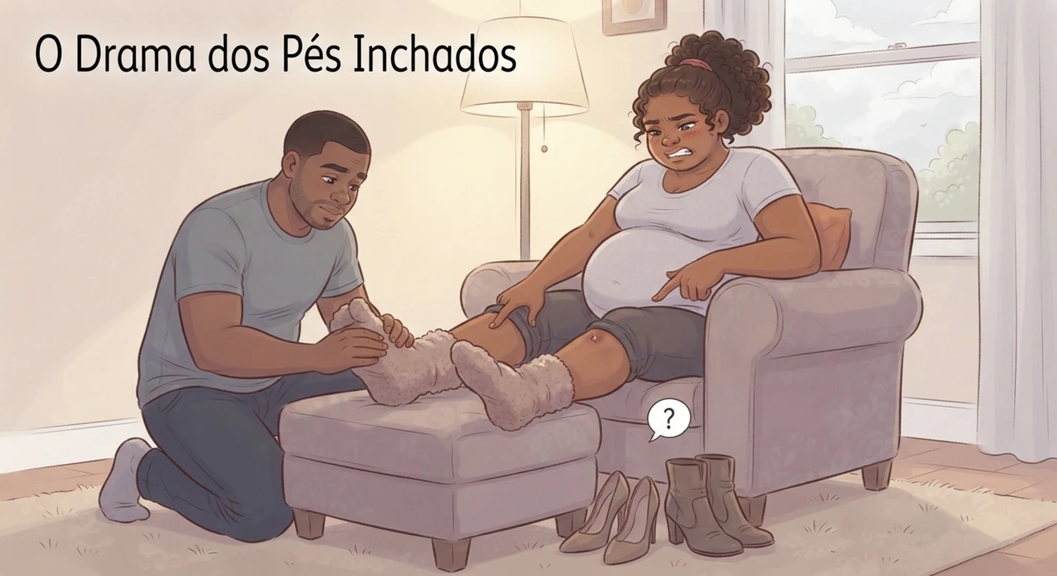 drama dos pés inchados em ilustrações divertidas durante os momentos da gravidez