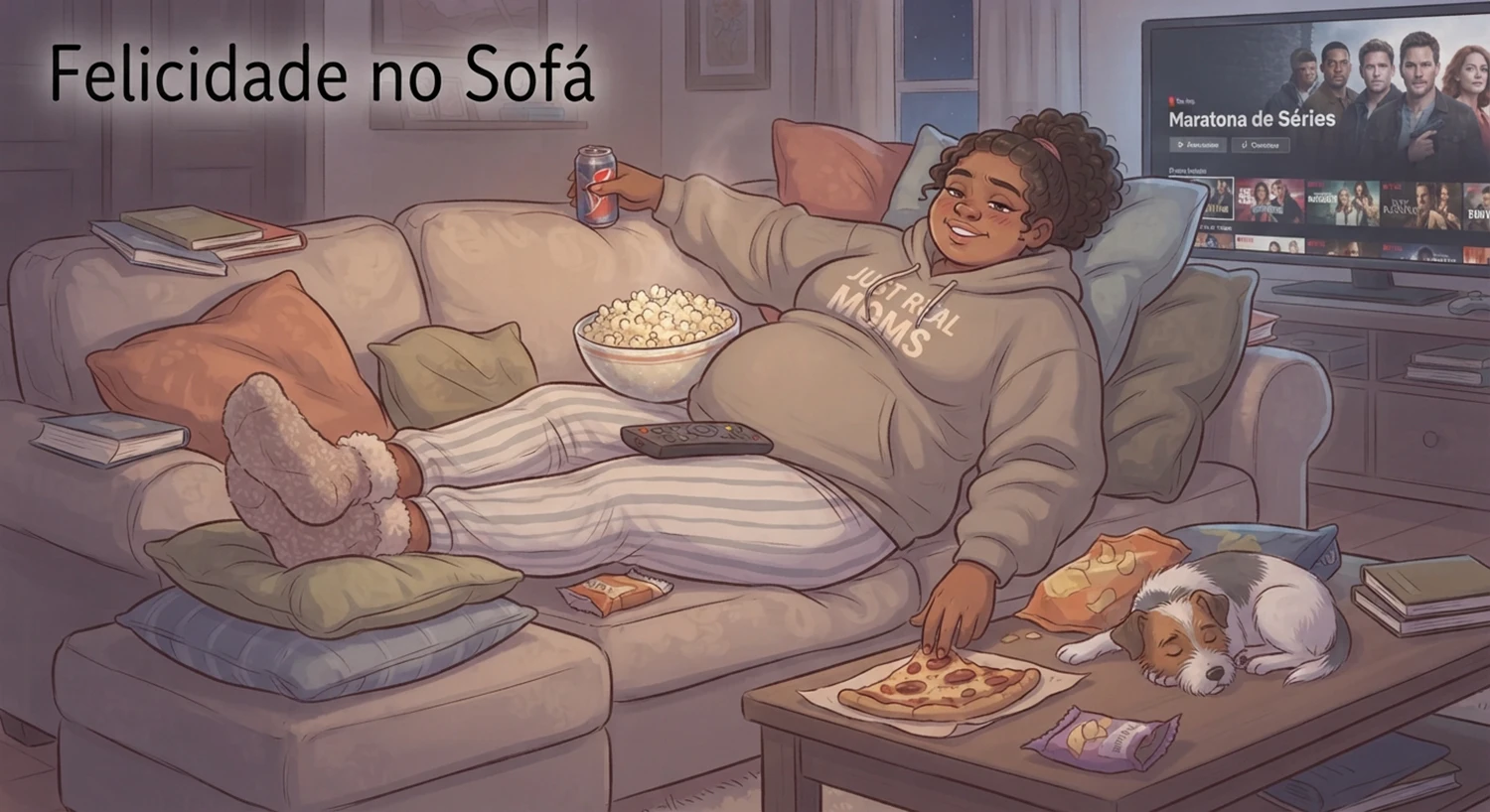 felicidade no sofá em ilustrações divertidas durante os momentos da gravidez