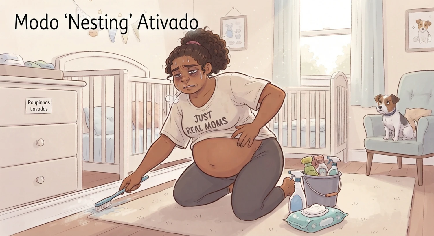 Modo Nesting em ilustrações divertidas durante os momentos da gravidez