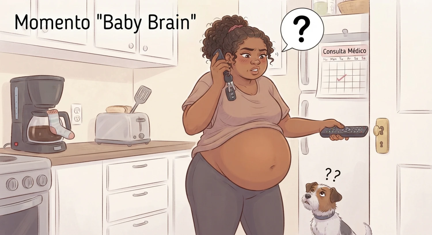 Momento 'Baby Brain' em ilustrações divertidas durante os momentos da gravidez