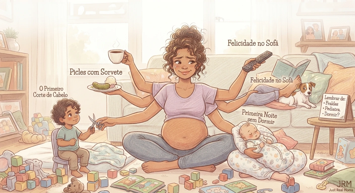 Ilustrações divertidas durante os momentos da maternidade real