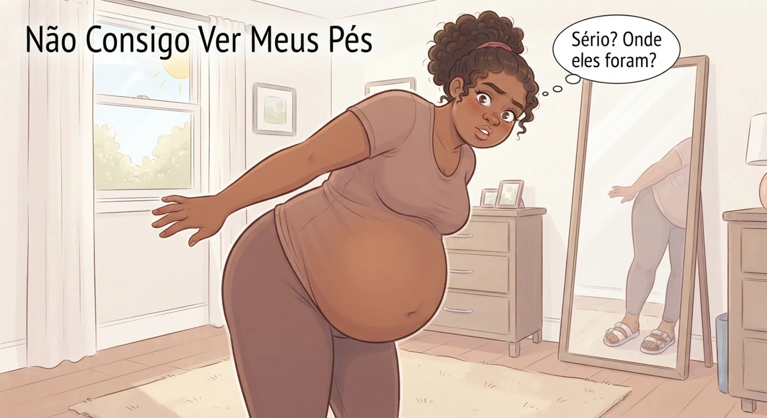 Não consigo ver meus pés em ilustrações divertidas durante os momentos da gravidez