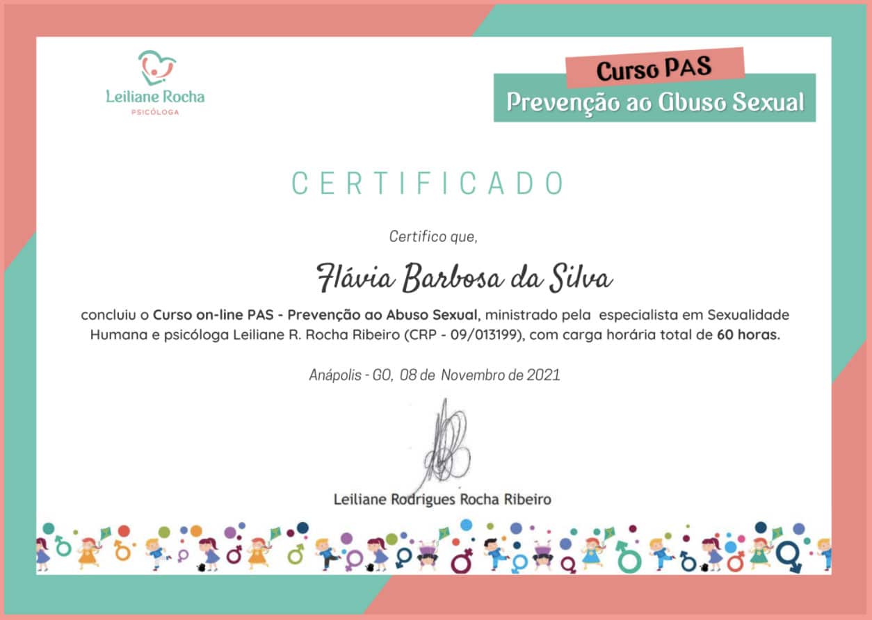 Diploma Leiliane Rocha Curso Prevenção ao Abuso Sexual Infantil Just Real Moms