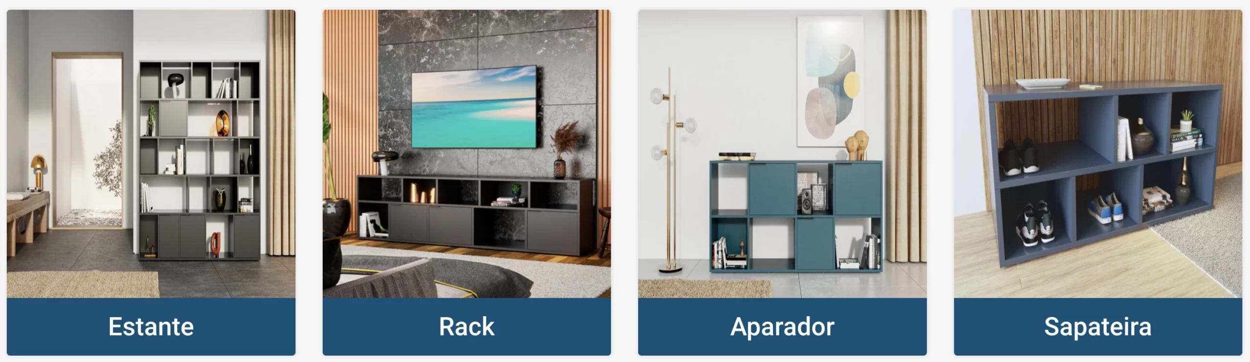 Diferentes categorias de produtos da Movêu Móveis - Estante, Rack, Aparador e Sapateira - Just Real Moms