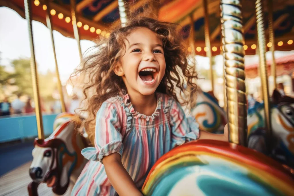 Menina pequena sorrido e se divertindo em um carrossel - Just Real Moms