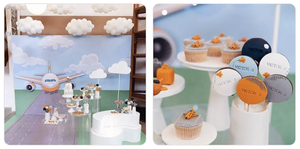 duas fotos de festa infantil com tema avião pela Voilá Festas locações