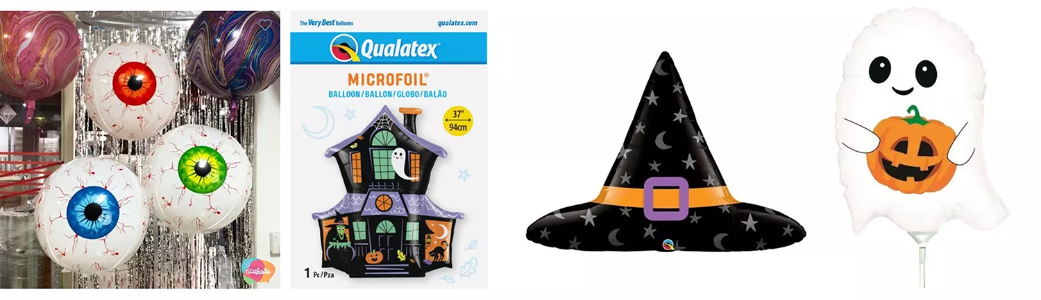 4 tipos de balões de Halloween para decorar a casa - olhos, casa assombrada, chapéu de bruxa, fantasma