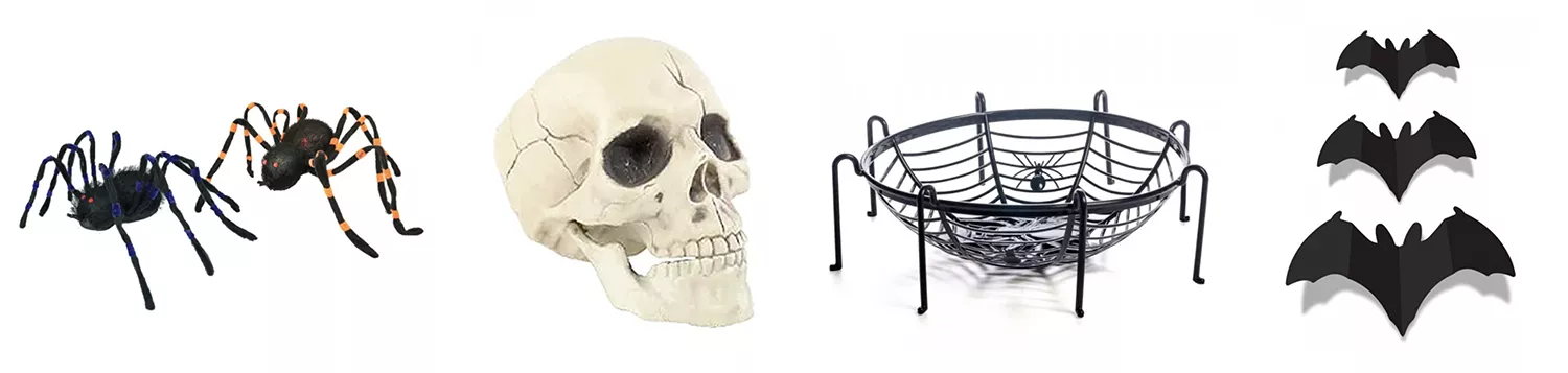 Decoração de Halloween na Flamingo em festa - aranha, caveira, bowl de teia de aranha e morcegos