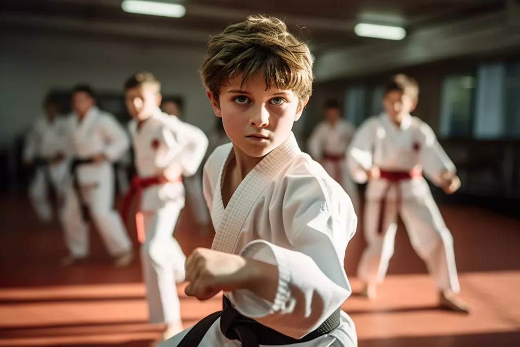 Menino em aula de judô com colegas ao fundo no tatâme