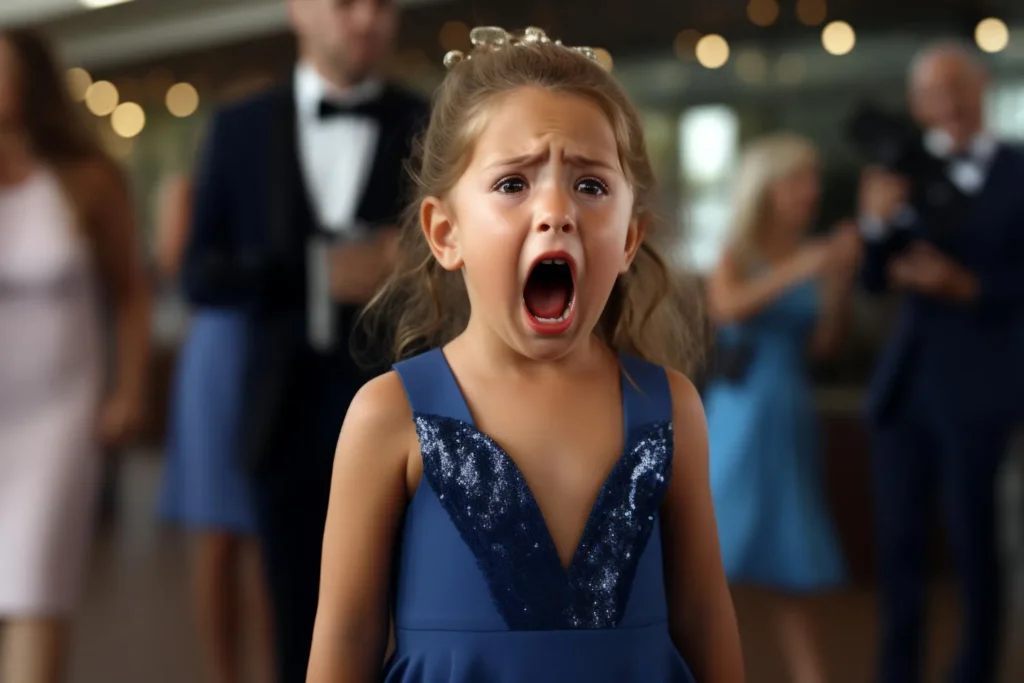 Menina pequena com vestido de festa chorando
