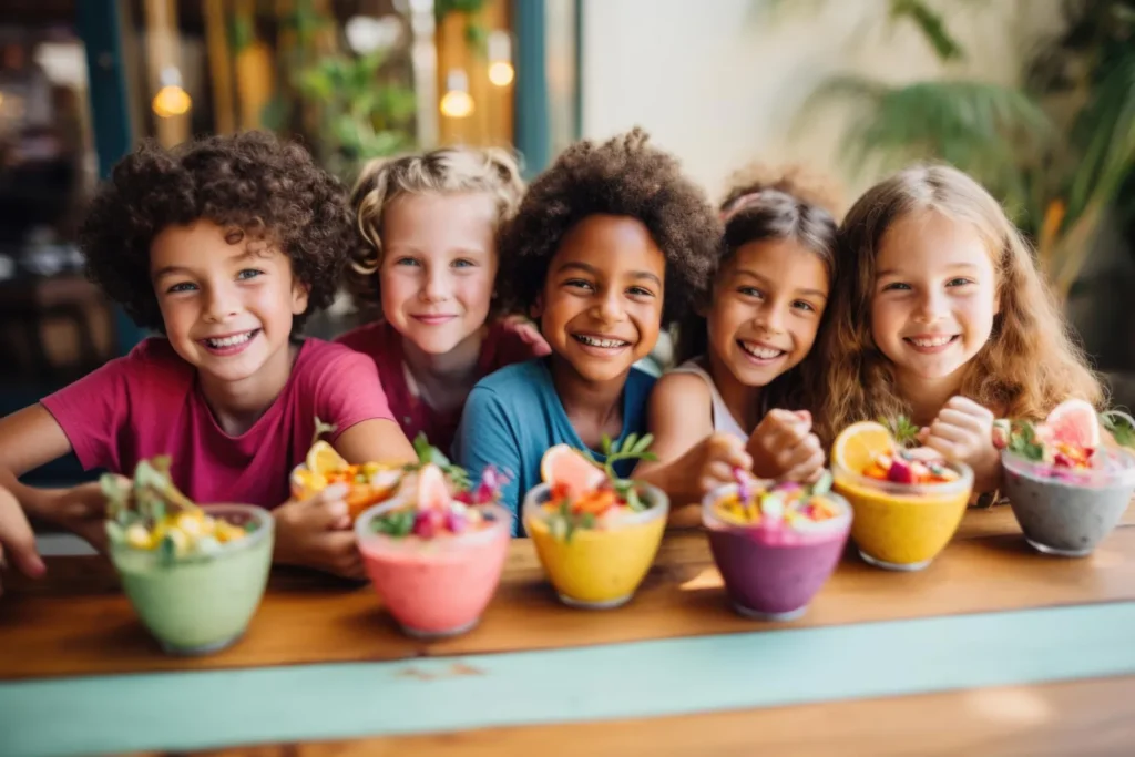 5 crianças sentadas a mesa com bowls de frutas saudáveis