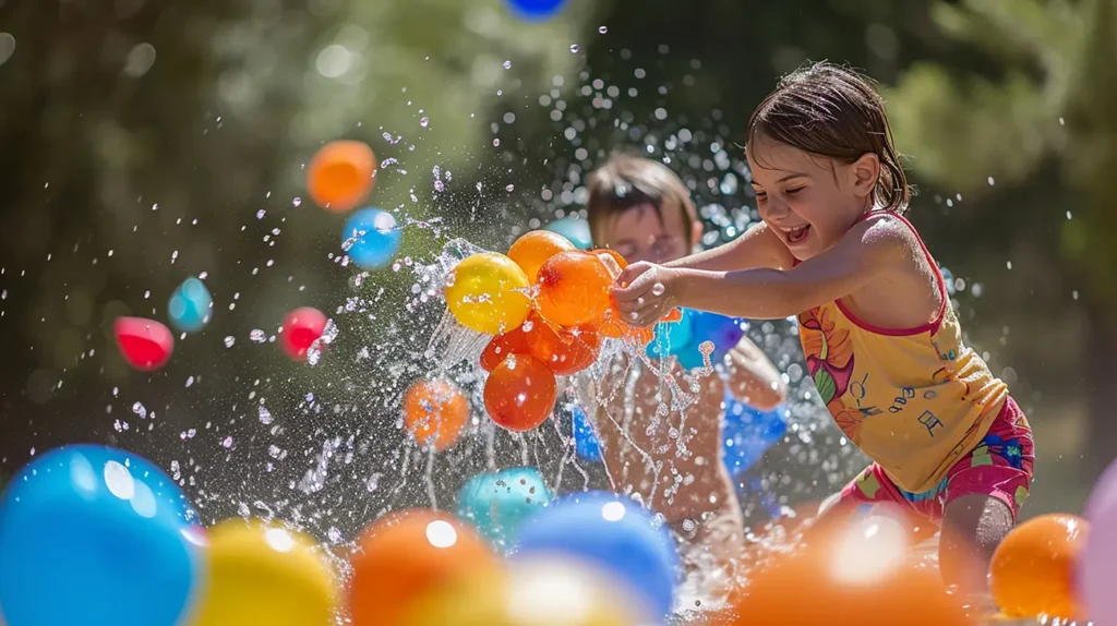 crianças brincando em um parque aquático nas férias de julho