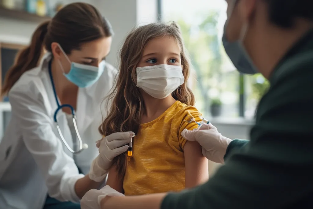 menina pequena com médicos tomando vacina da gripe
