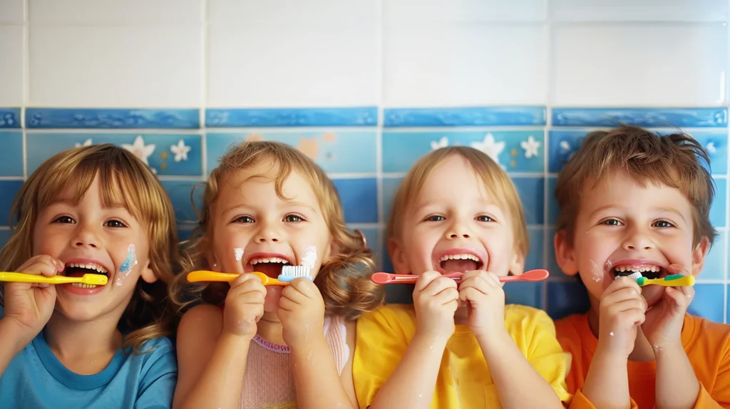 4 crianças no banheiro da escola escovando os dentes na volta às aulas