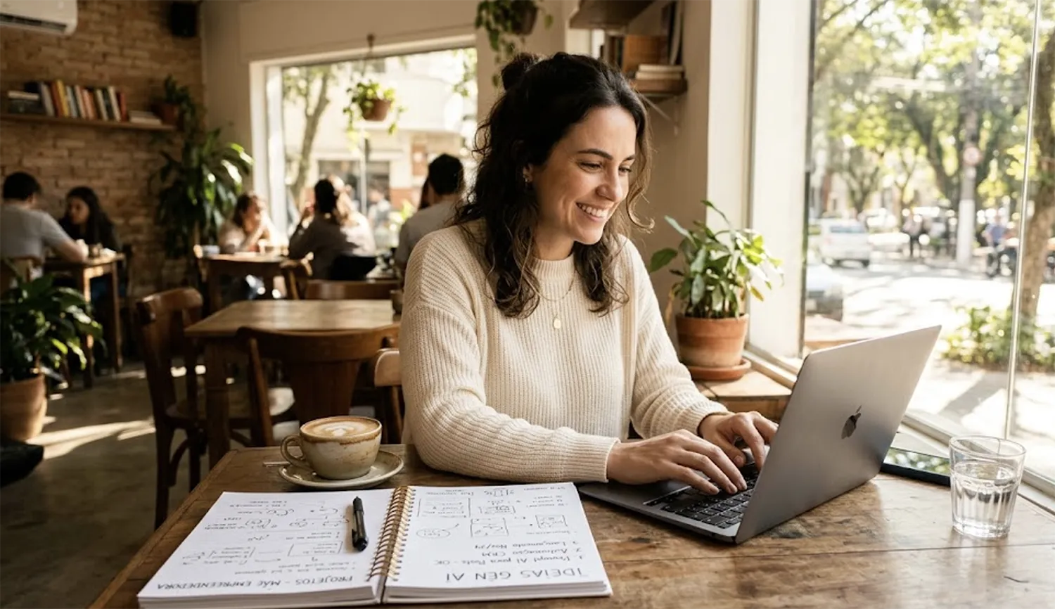 Mulher trabalhando na mesa de um café usando a Inteligência Artificial no Negócio