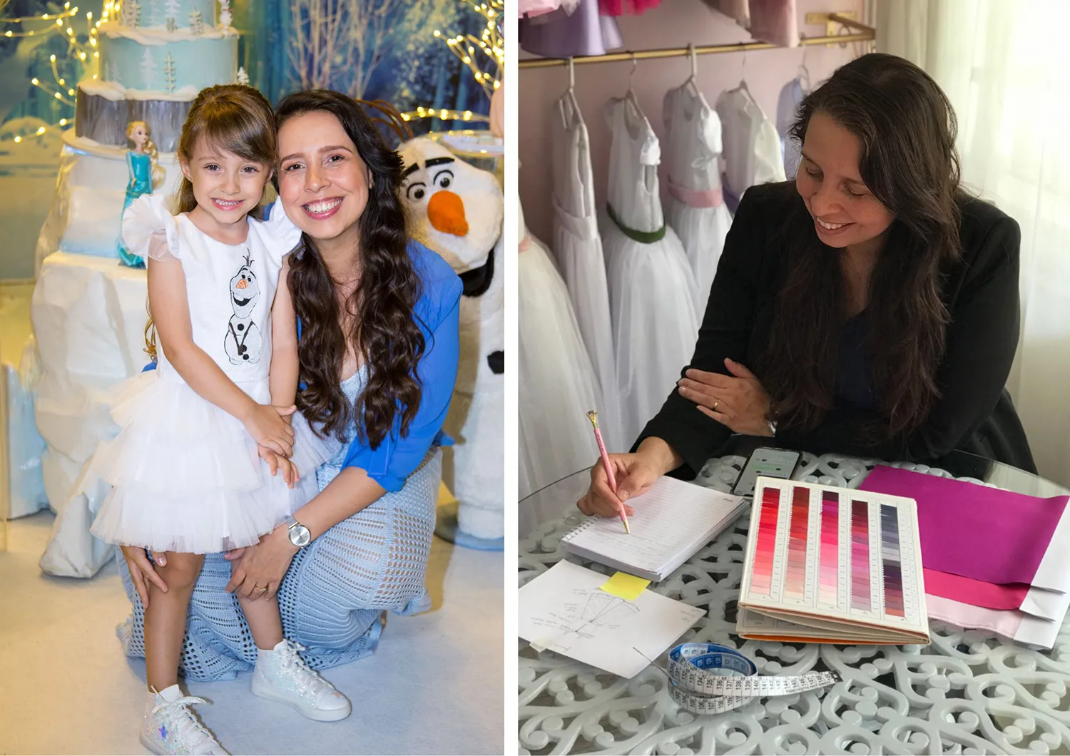 Alline e filha usando vestido do Olaf da Frozen