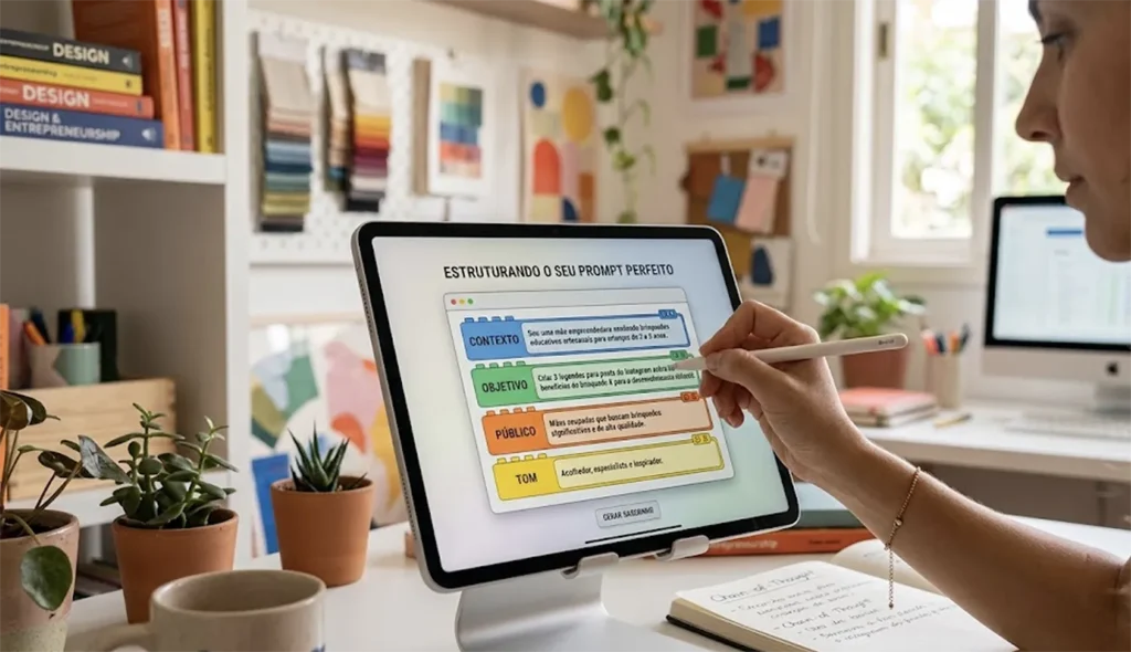 Mulher em home office trabalhando prompts que realmente funcionam usando a Inteligência Artificial no Negócio