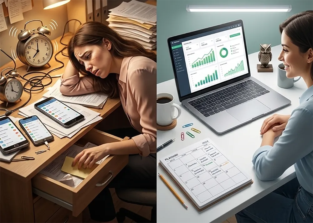 Ilustração de antes e depois do trabalho de automação com Inteligência Artificial de uma mulher empreendedora