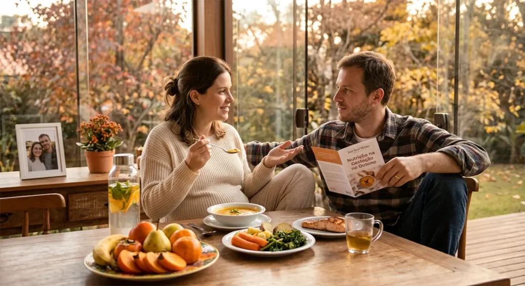 Casal sentados a mesa falando sobre como cuidar da saúde e alimentação na gravidez no outono
