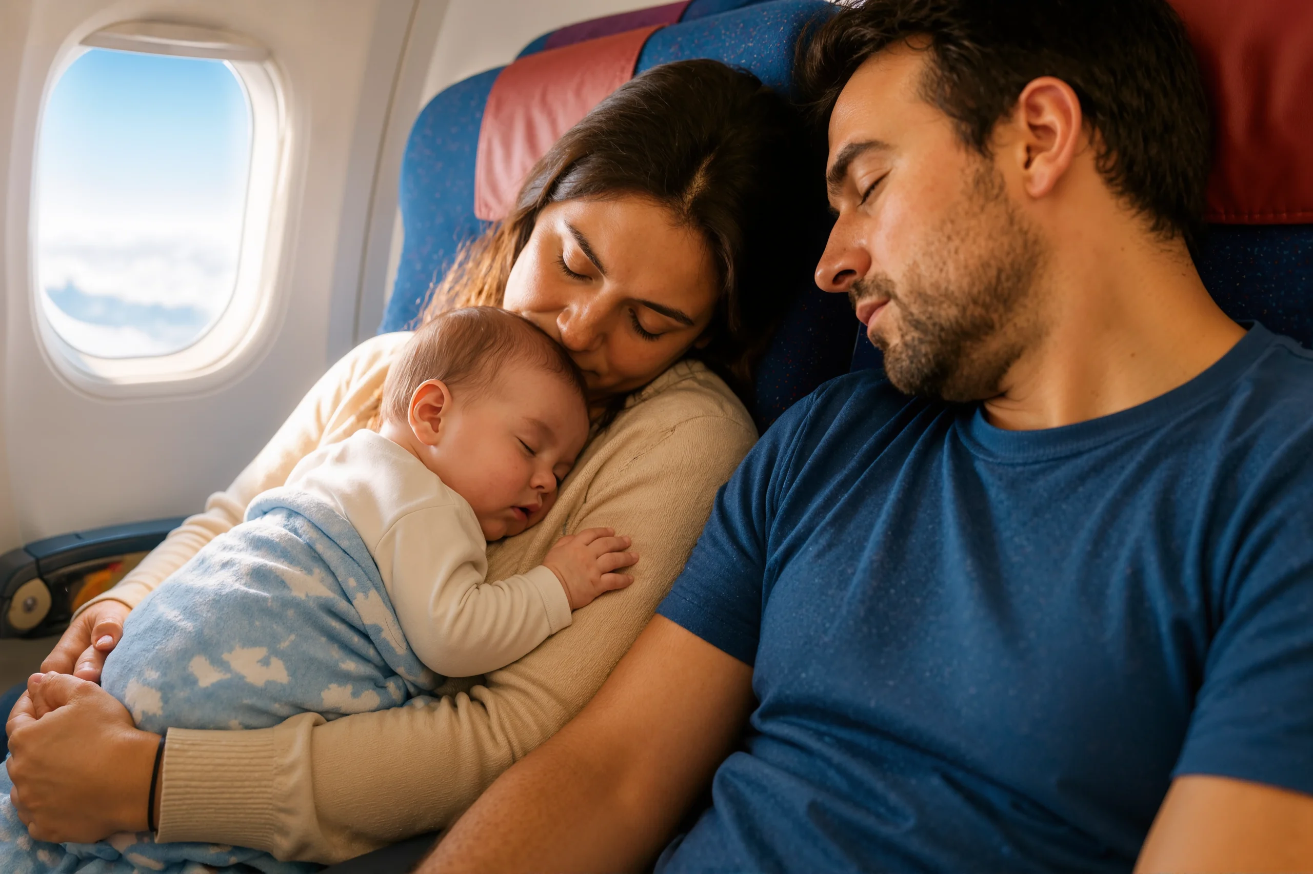 Pais em viagem de avião com criança pequena