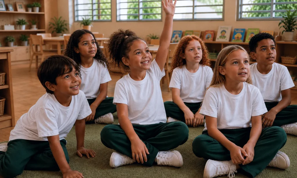 Crianças sentadas no chão na sala de aula - Akron Global School