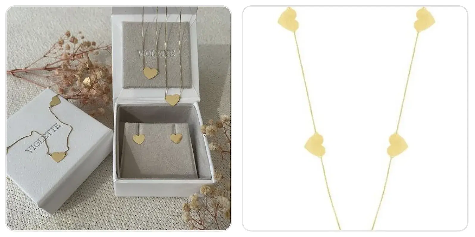 Conjunto de brinco e colar de ouro com detalhes de placas em formato de coração