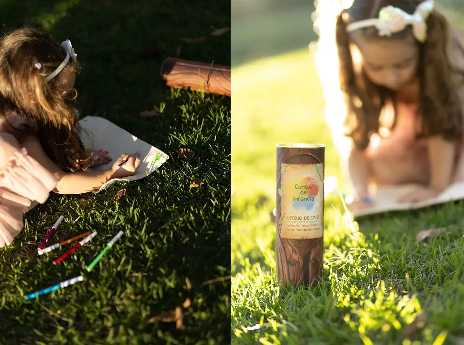 Menina brincando com estojo de rolo do Contos de Infância