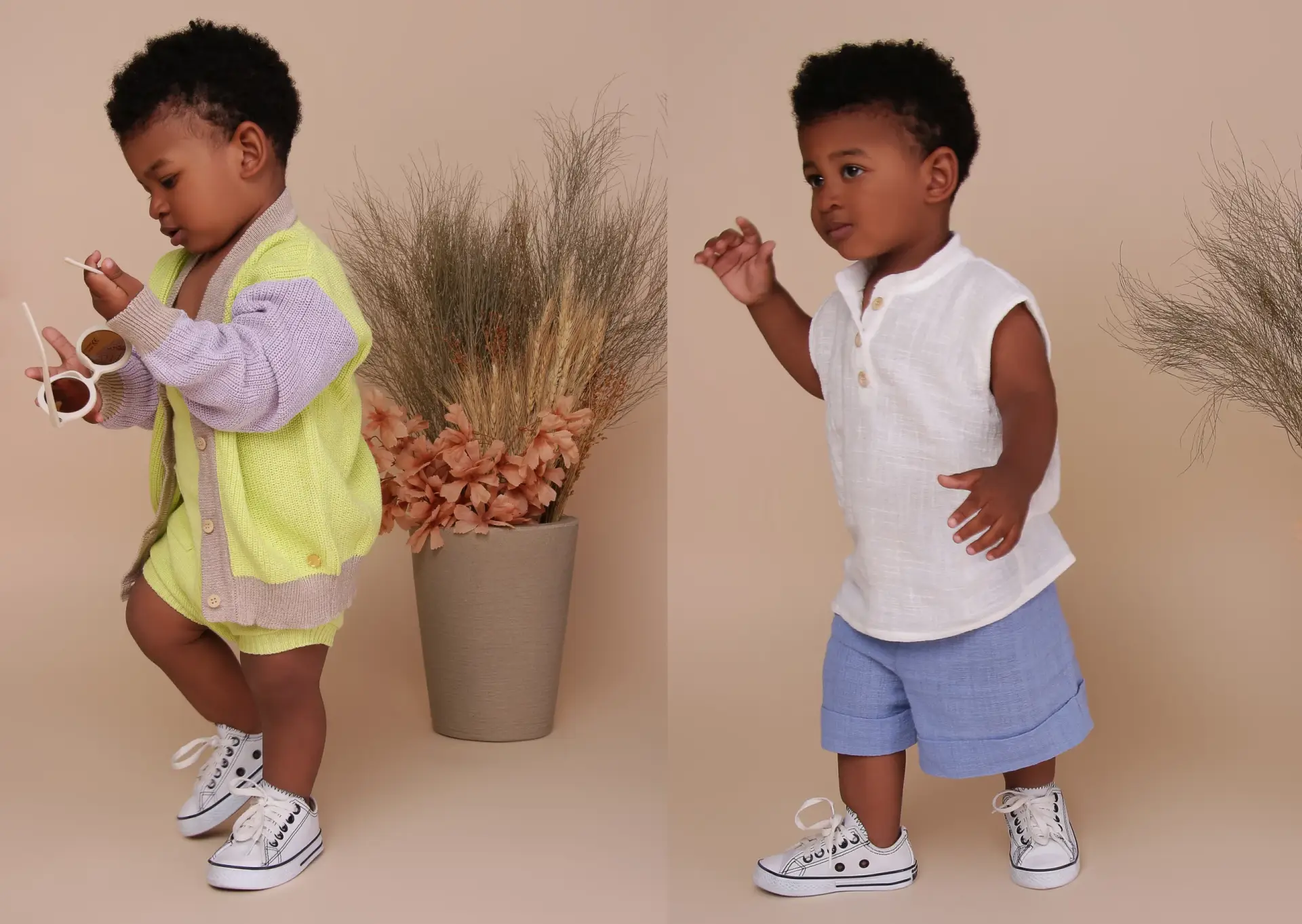 Menino com dois looks e All Star - tricot e linho - Just Real Moms