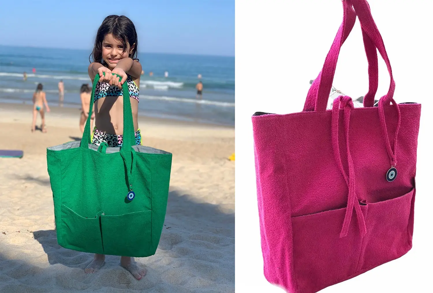 Menina na praia segurando uma bolsa de praia verde atoalhada - Just Real Moms