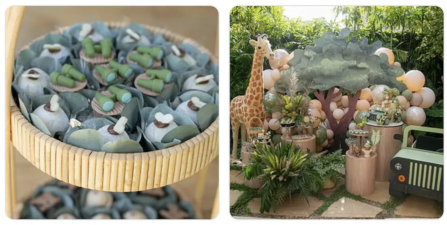 duas fotos de festa infantil com tema Safari pela Voilá Festas locações