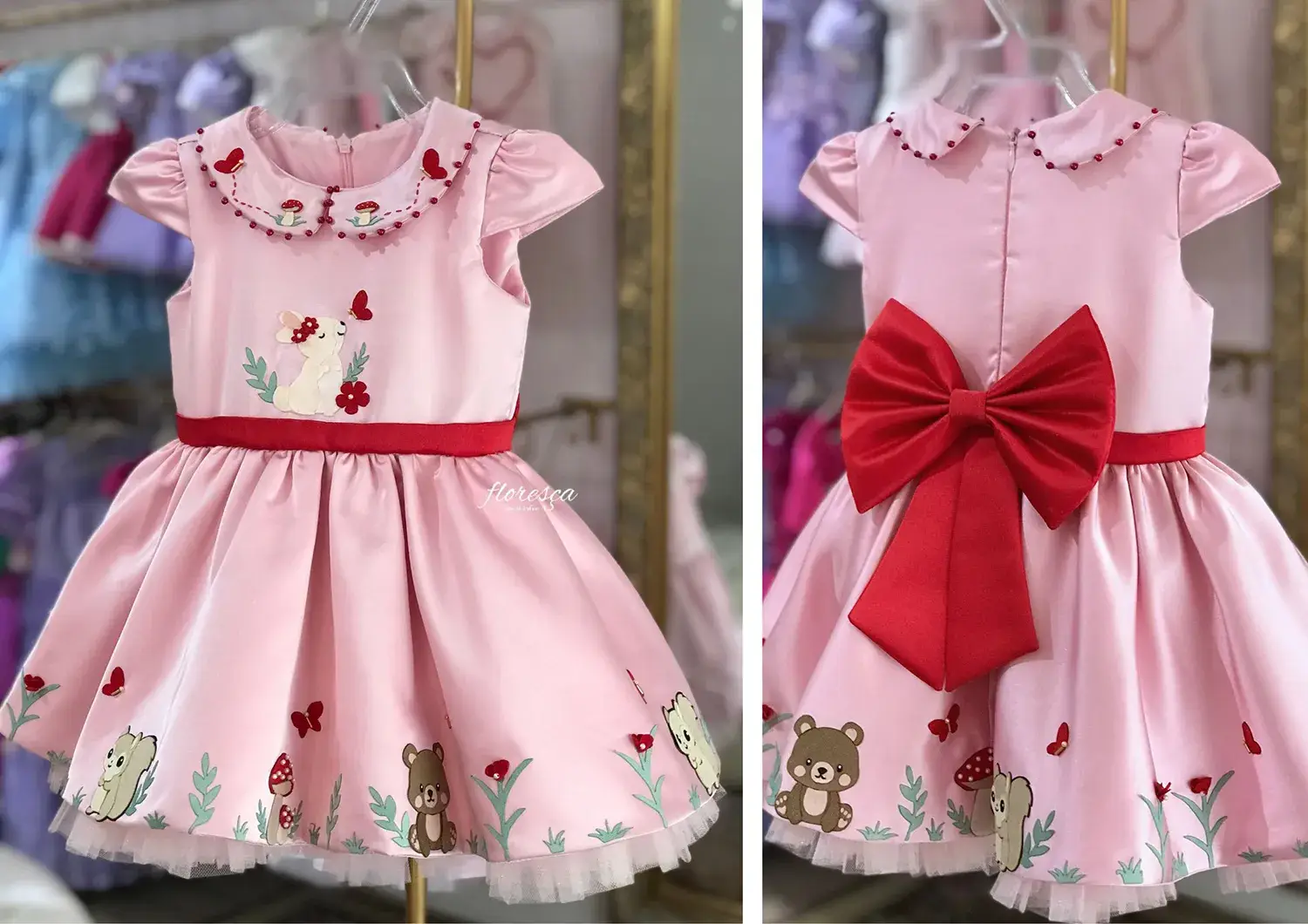 Vestido infantil com bordado de coelho, urso e esquilo