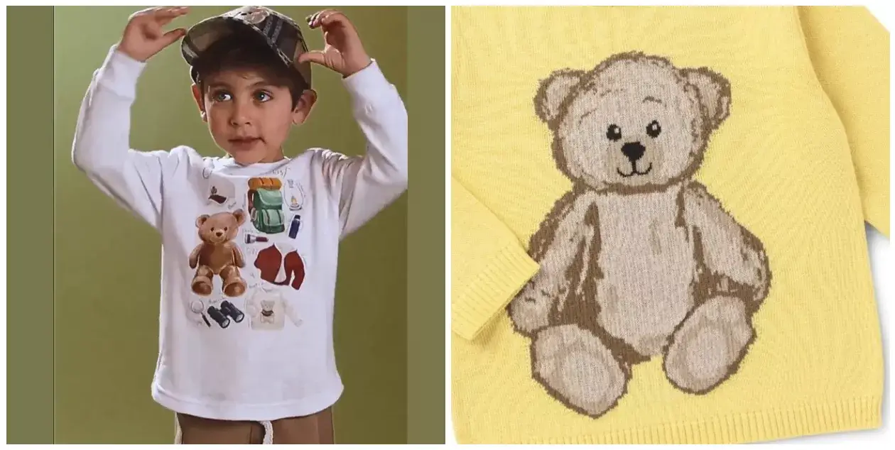 Menino de moletom branco com desenhos e imagens no peito, e zoom de malha amarela de tricot com urso marrom