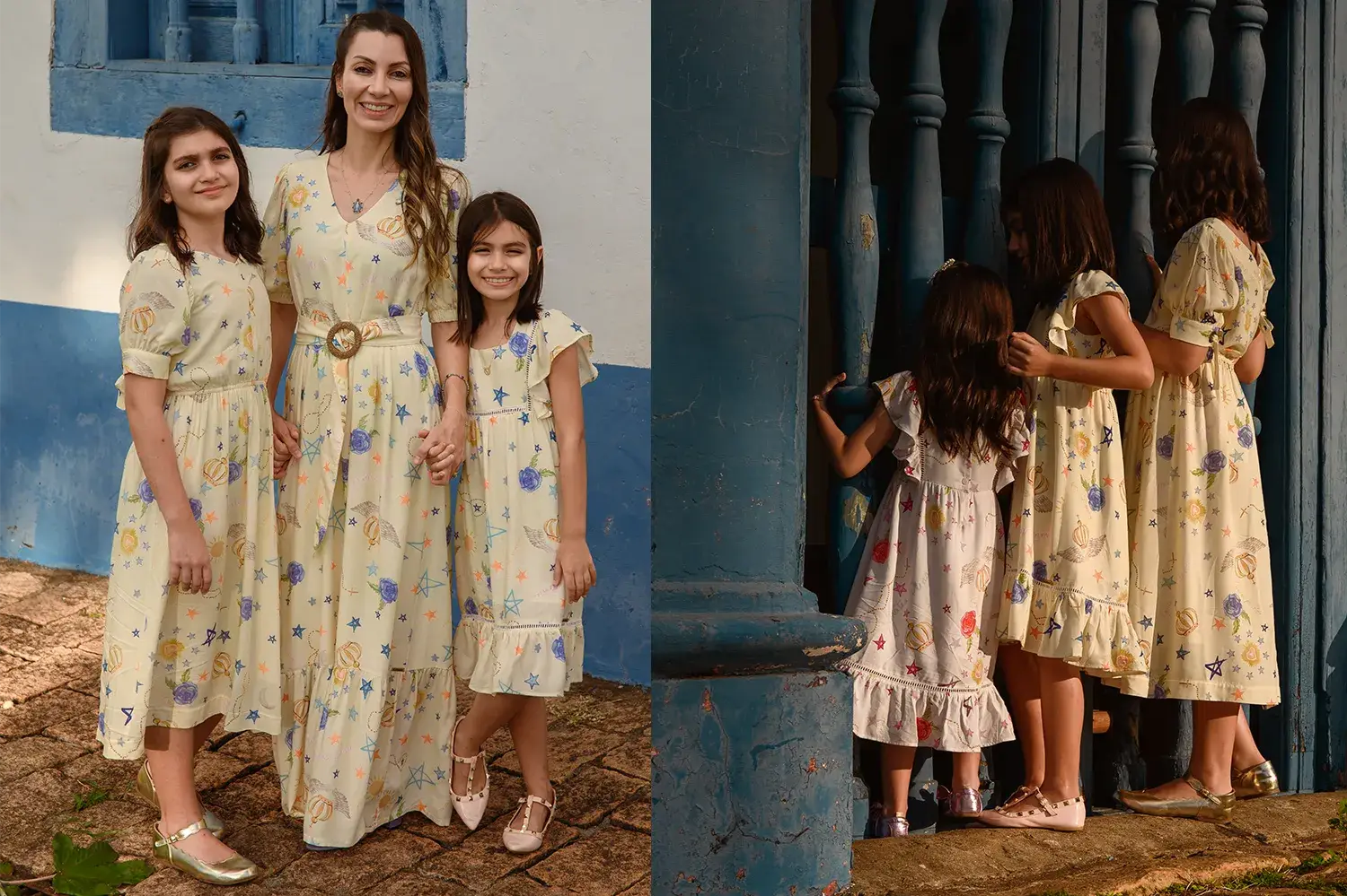 Mãe e filhas todas usando vestido amarelo da Catarina for Girls - moda infantil mãe e filha