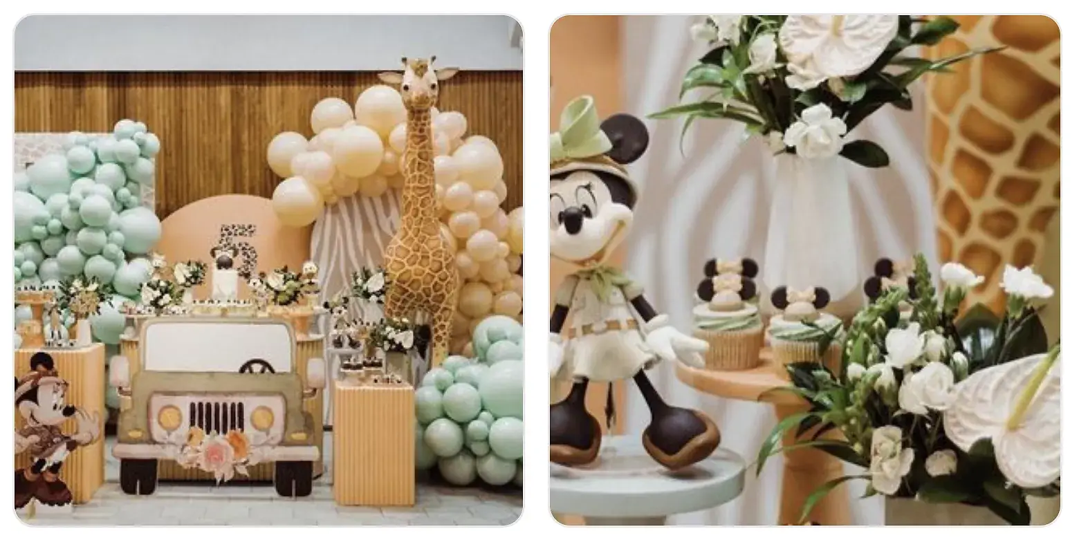 duas fotos de festa infantil com tema Safari da Disney pela Voilá Festas locações