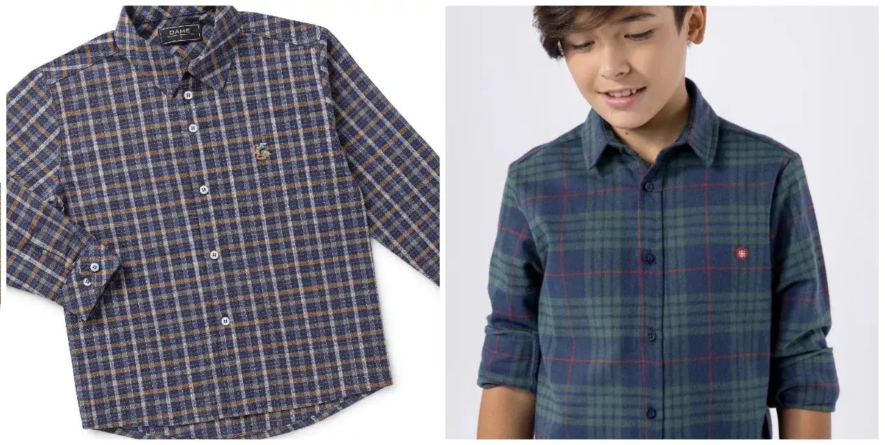 Menino posando com camisa infantil e um still de camisa infantil de manga longa ao lado