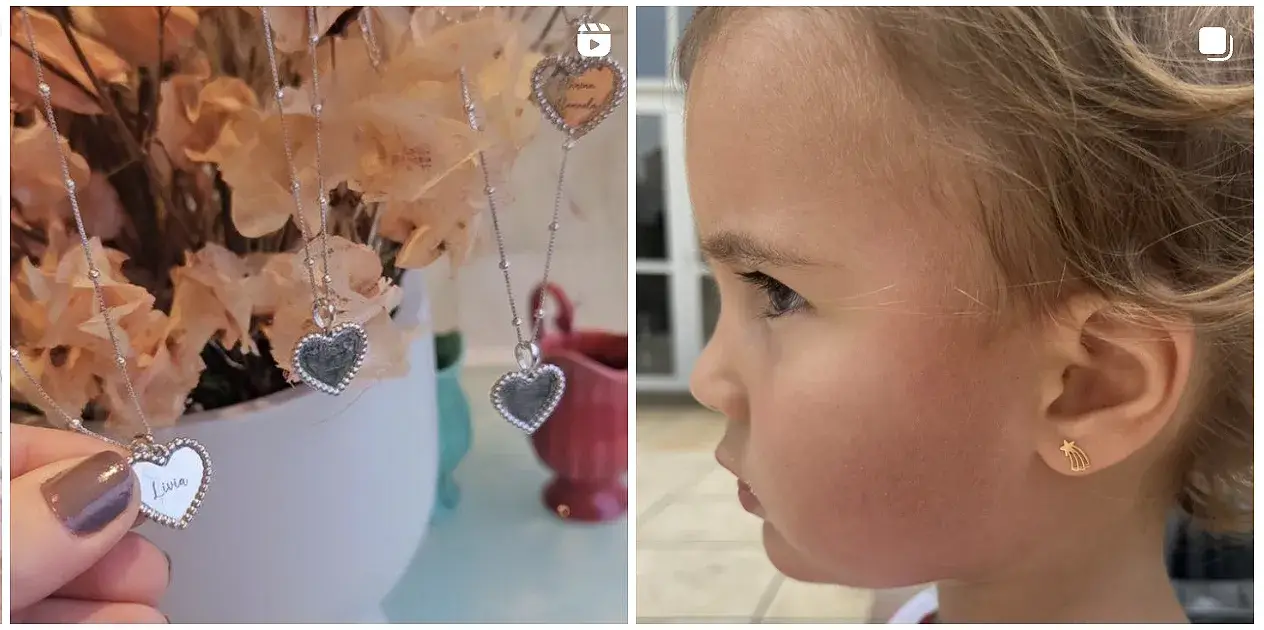 Colar de prata com pingente de coração e menina pequena usando brinco de arco-íris