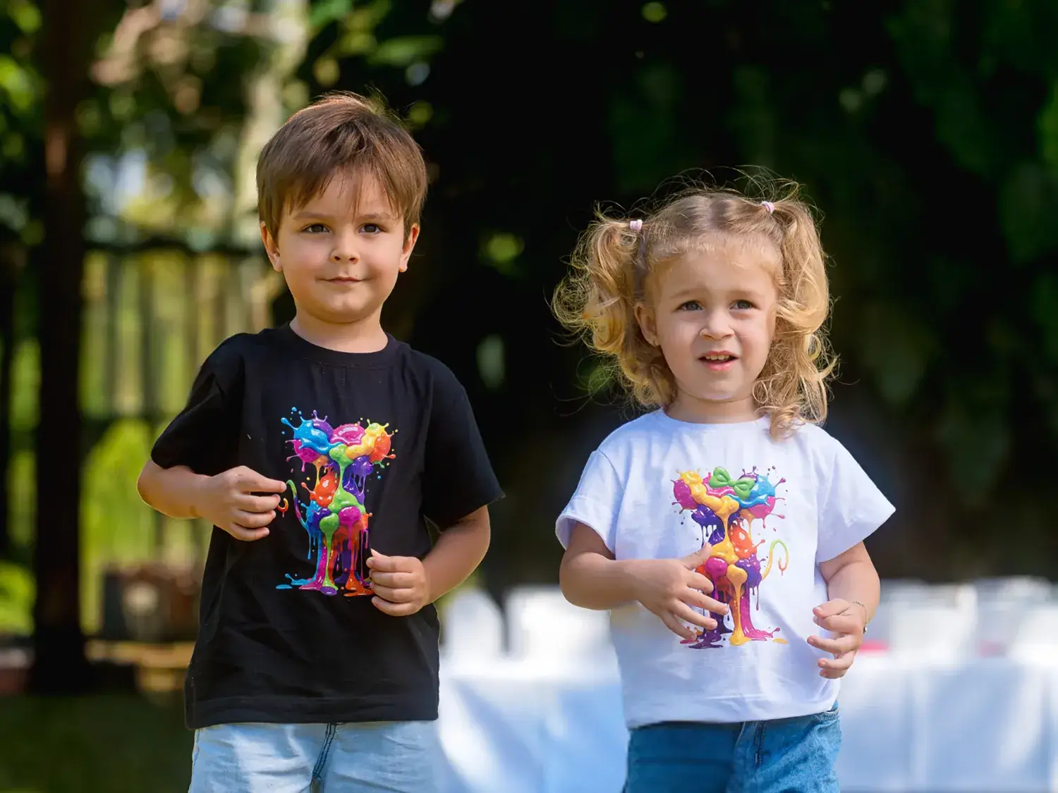 Menino e menina com camiseta da Topolino Bambini