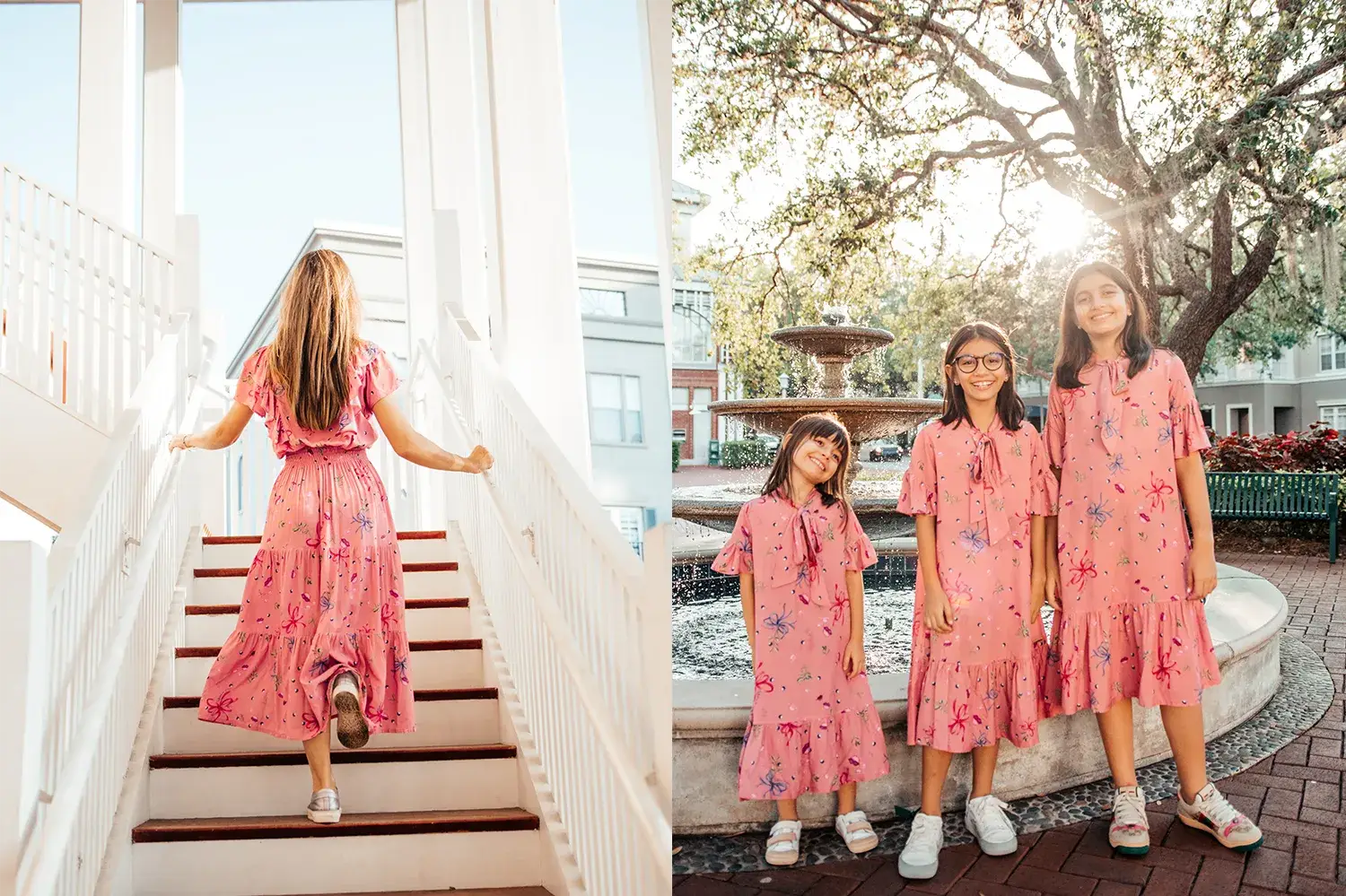 Mulher subindo escada e 3 meninas ao lado de uma fonte, todas usando o mesmo vestido mãe e filha