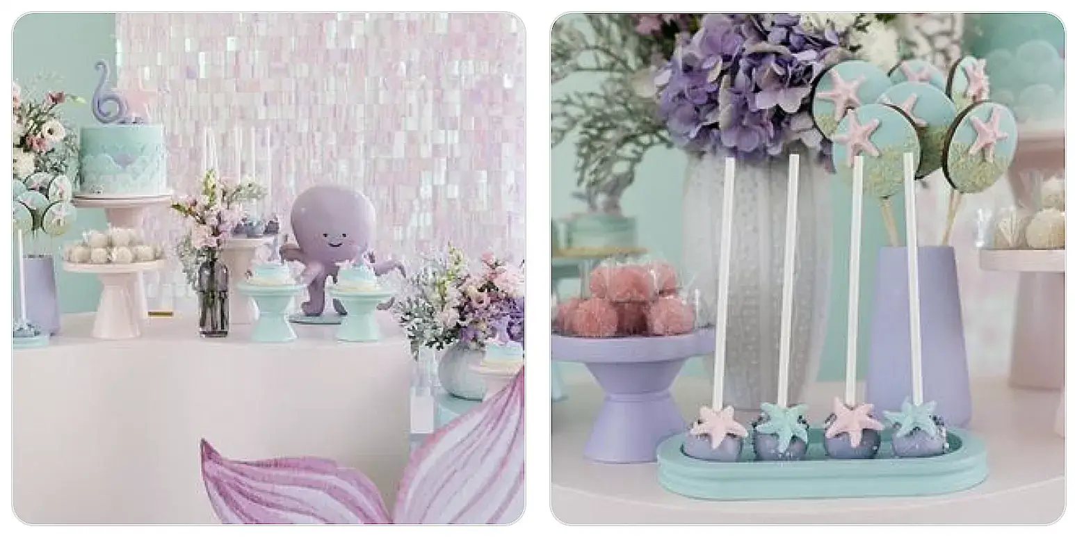 duas fotos de festa infantil com tema Sereia Fundo do Mar pela Voilá Festas locações