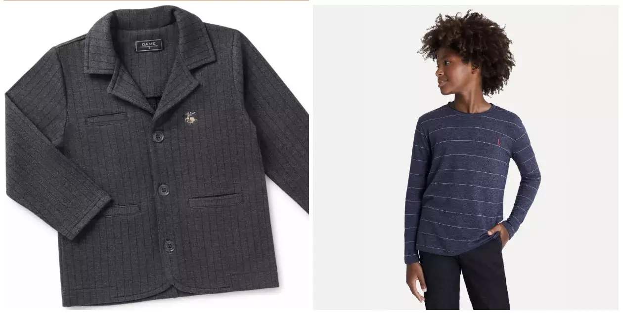 Casado da DAME moda infantil e menino posando de calça e camiseta de manga longa