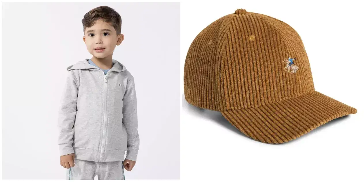 Menino de conjunto de moletom cinza e boné infantil caramelo canelado