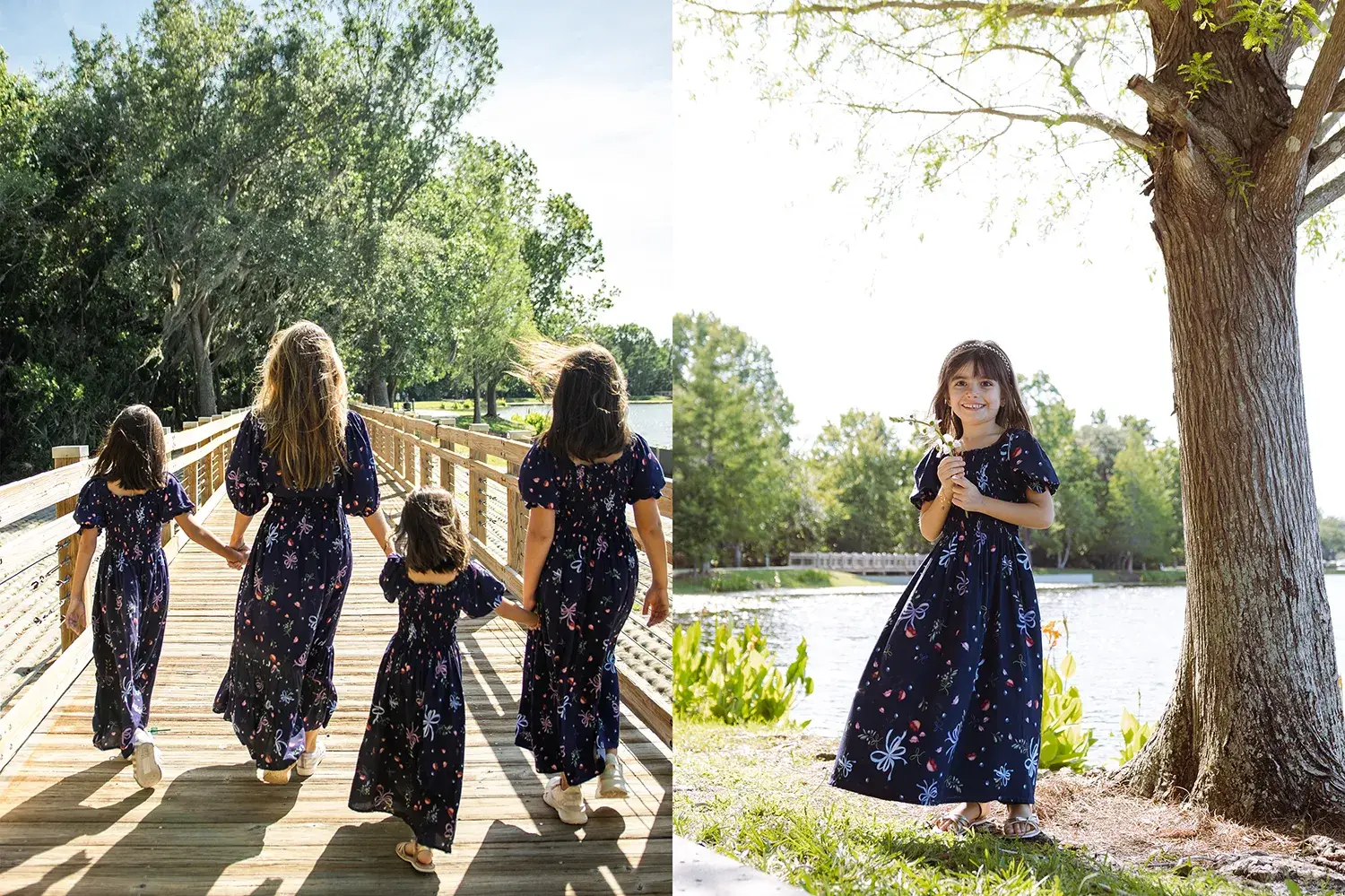 Mãe e filhas em parque usando vestido escuro mãe e filha da Catarina for Girls